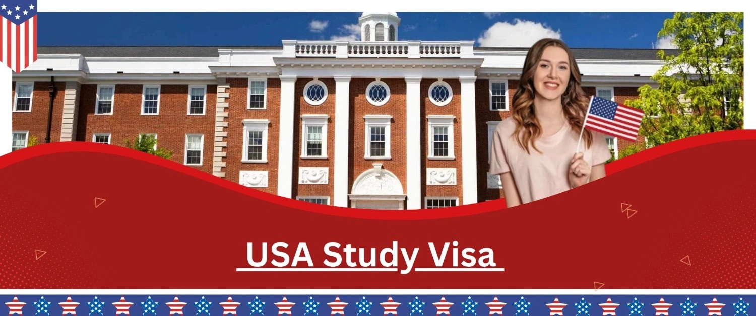 USA Study Visa a girl smiling with holding the USA flag during day in front of USA university 